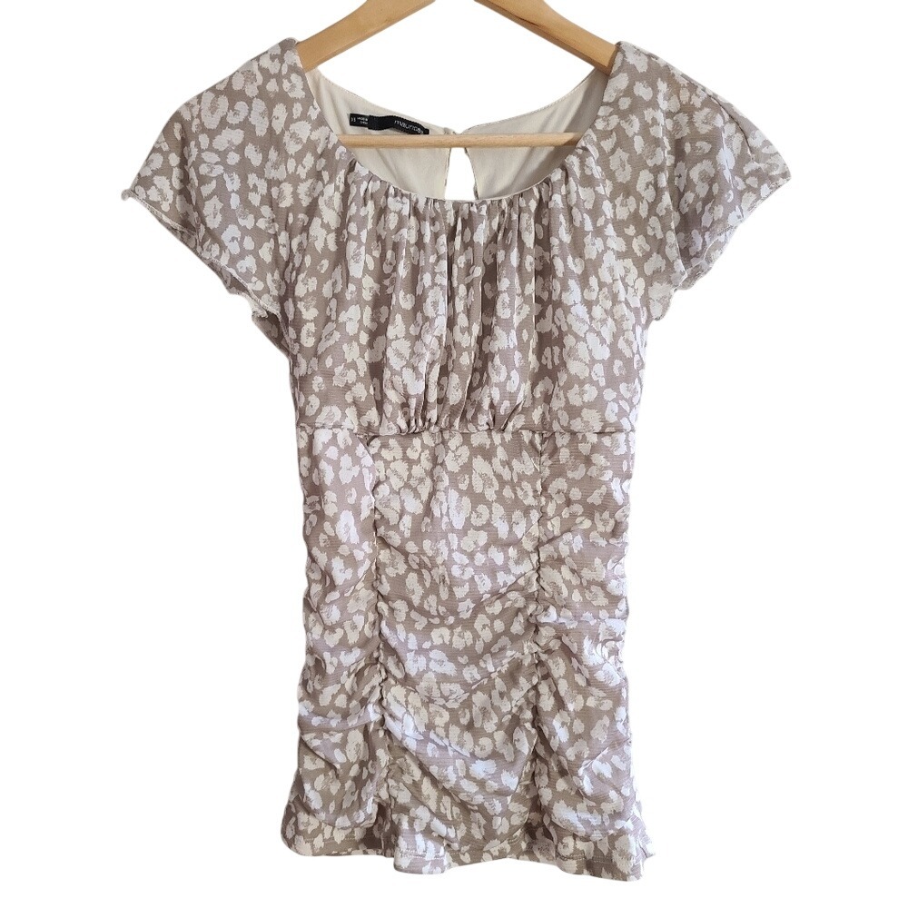 Maurices Beige Cream Ruched Mesh Short Sleeve Milkmaid Top XS Leopard Print